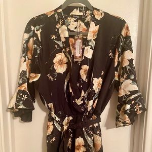 **NEW** Cute satin floral ruffle sleeve with tie waistline.